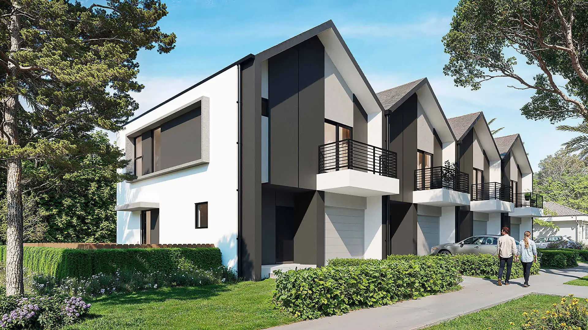 Architectural rendering of the Wilson Living townhomes from the front corner