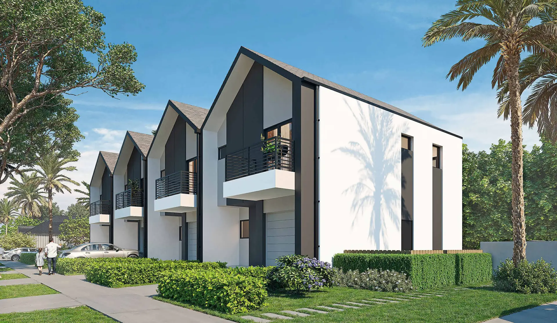 Architectural rendering of the Wilson Living townhomes from the rear corner