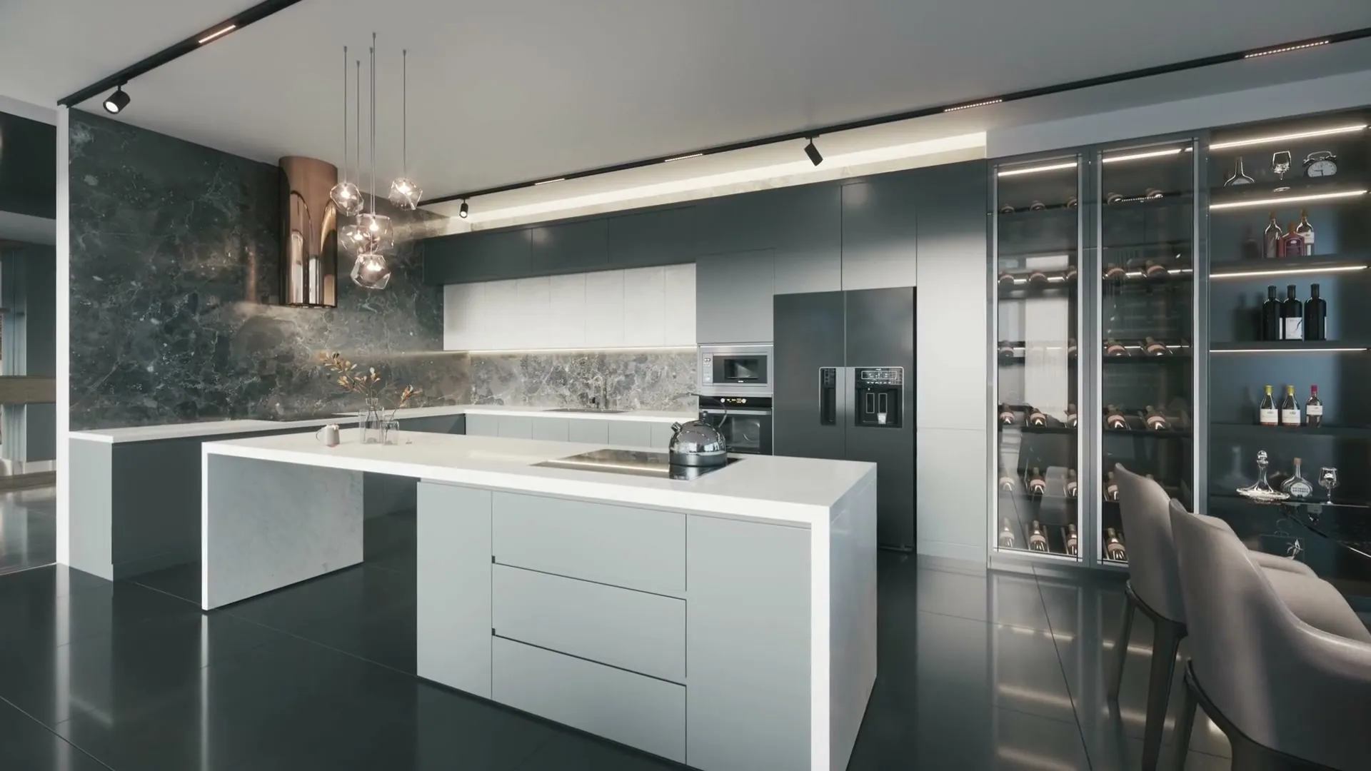 Modern kitchen with a long white island